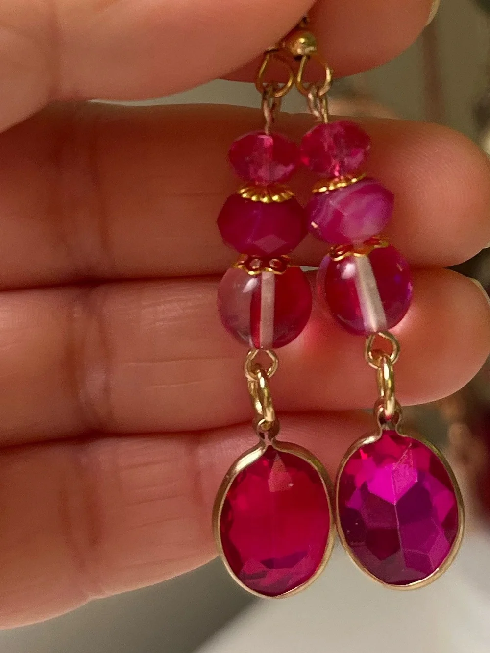 Handmade Drop Earrings with Magenta Crystal Beads & Faceted Crystal Charms